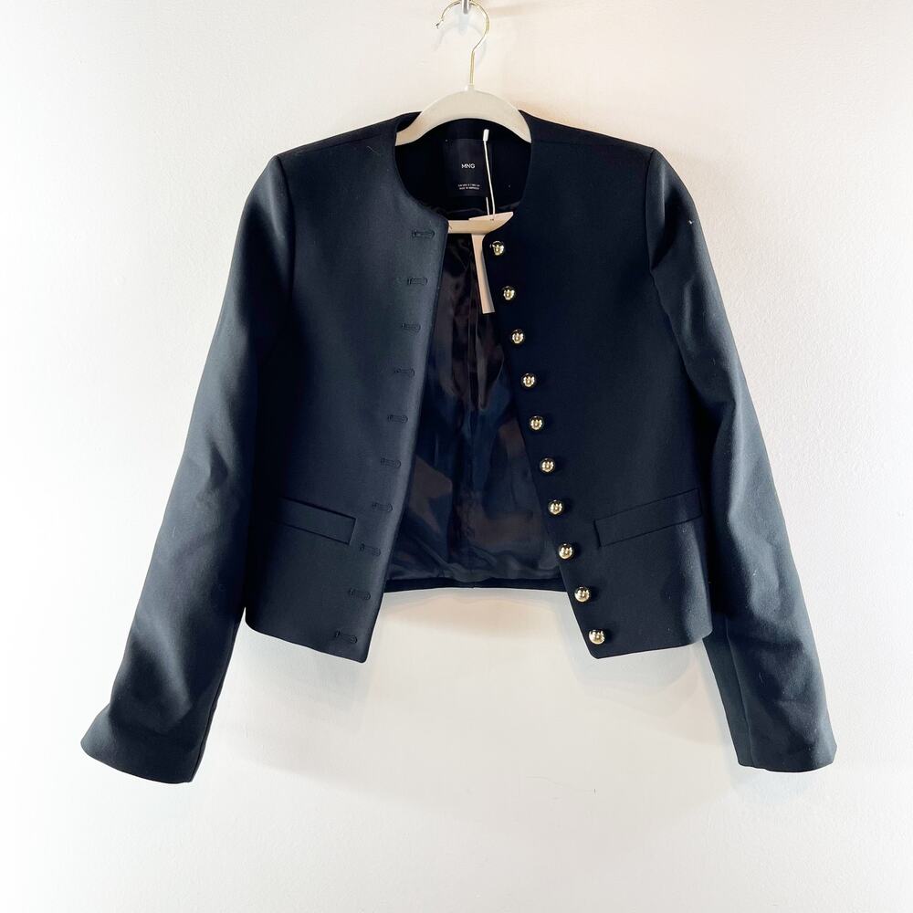 Mango MNG Grace Long Sleeve Collarless Crop Blazer Jacket Black Small - Picture 3 of 4